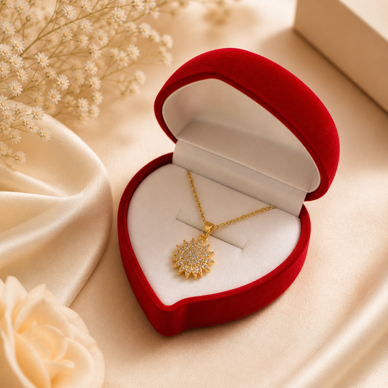 Collar Girasol Giratorio + Caja Corazón de Terciopelo