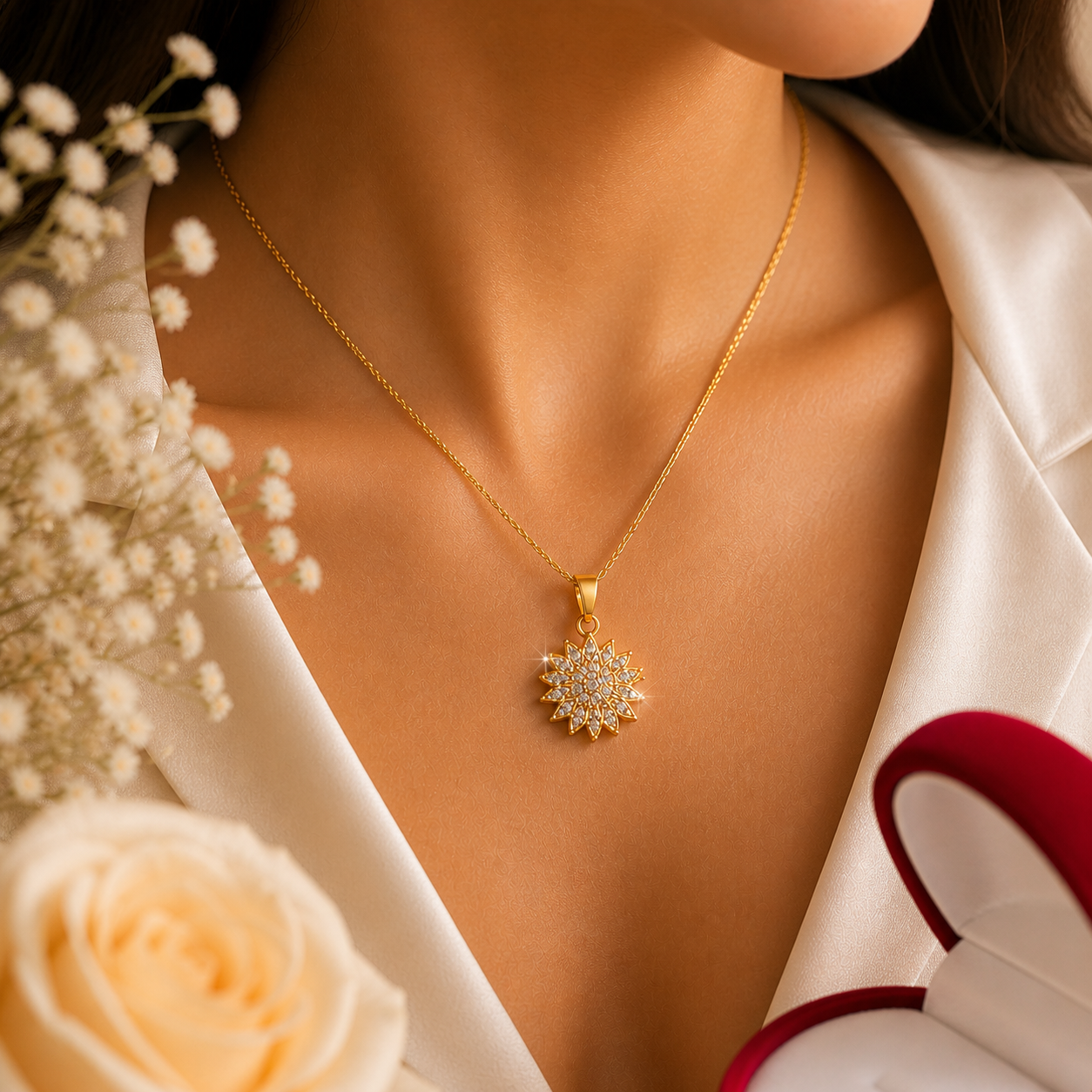 Collar Girasol Giratorio + Caja Corazón de Terciopelo
