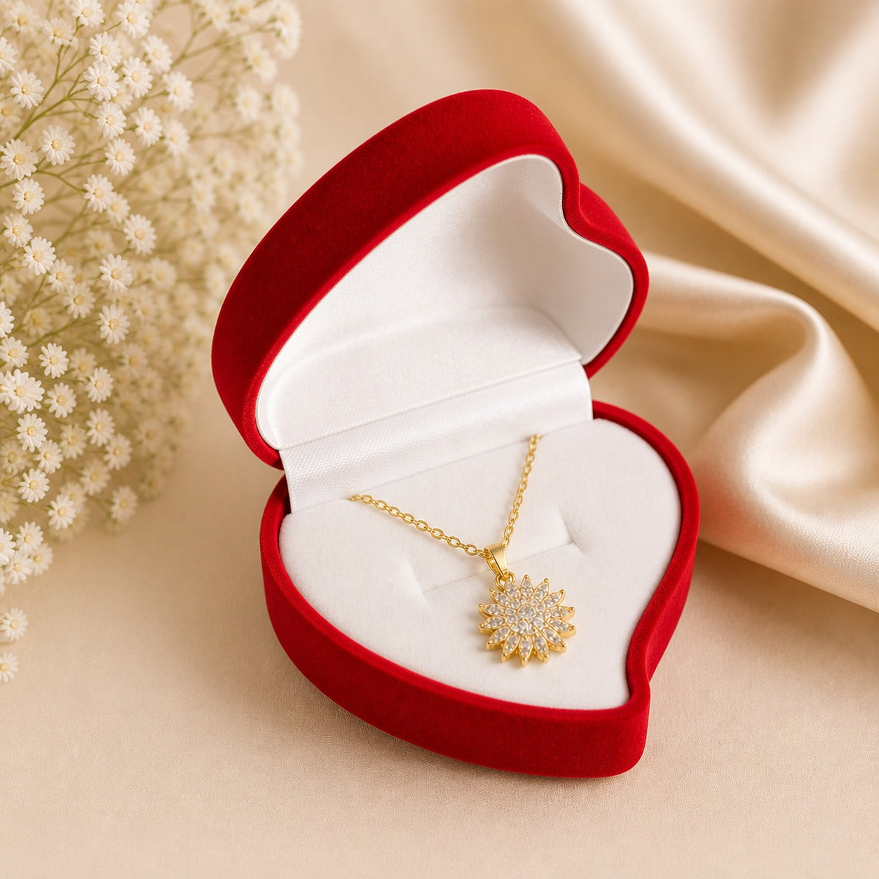 Collar Girasol Giratorio + Caja Corazón de Terciopelo